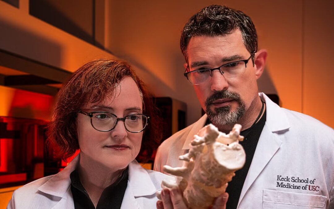Using CT imaging, USC researchers Summer Decker (left) and Jonathan Ford reveal the hidden anatomy of two ancient mummies, uncovering details about health, injury and mummification practices. In the photo, they hold a printed 3D model from CT imaging.